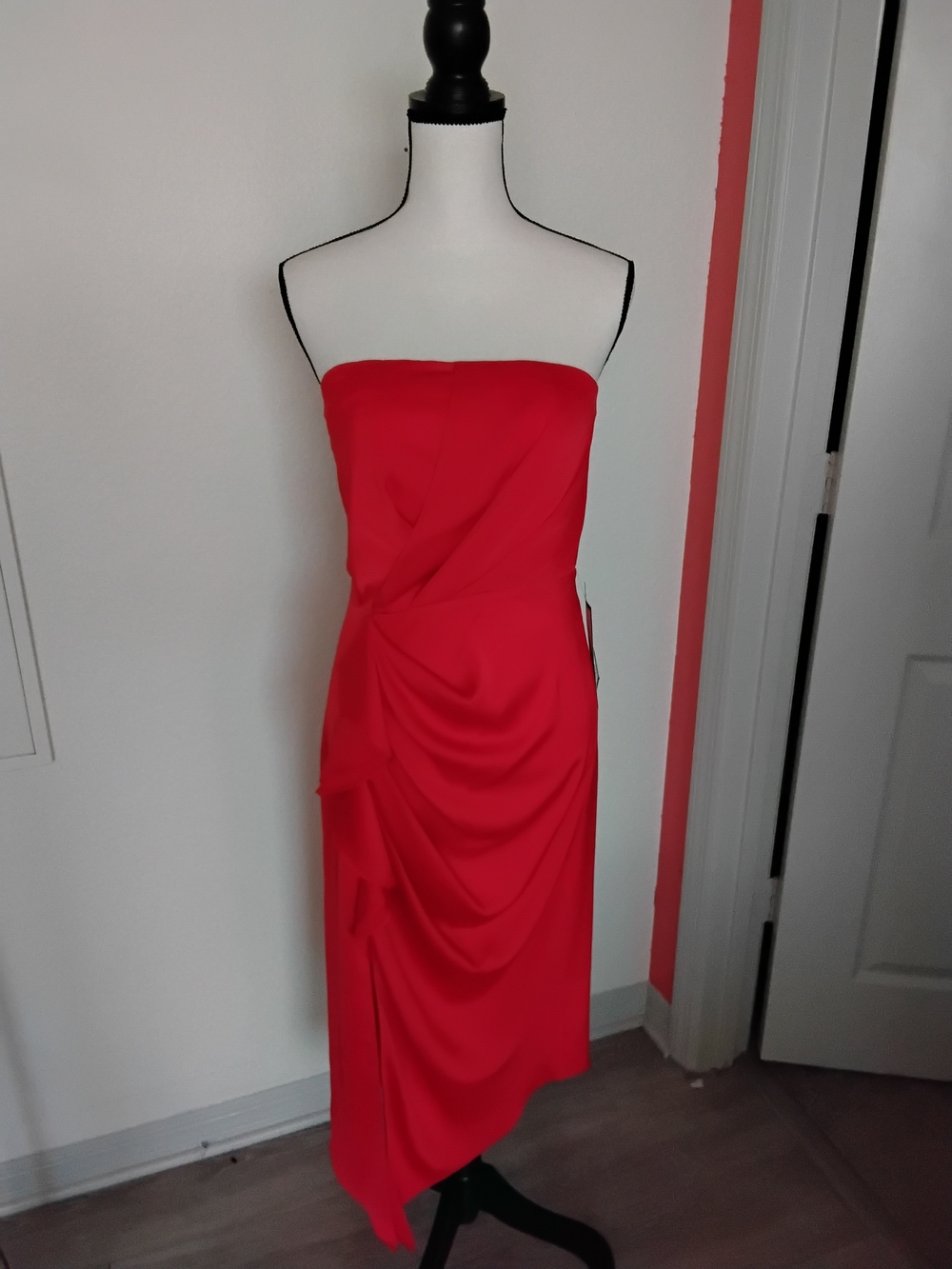C/MEO Collective Strapless Red Draped Midi Dress